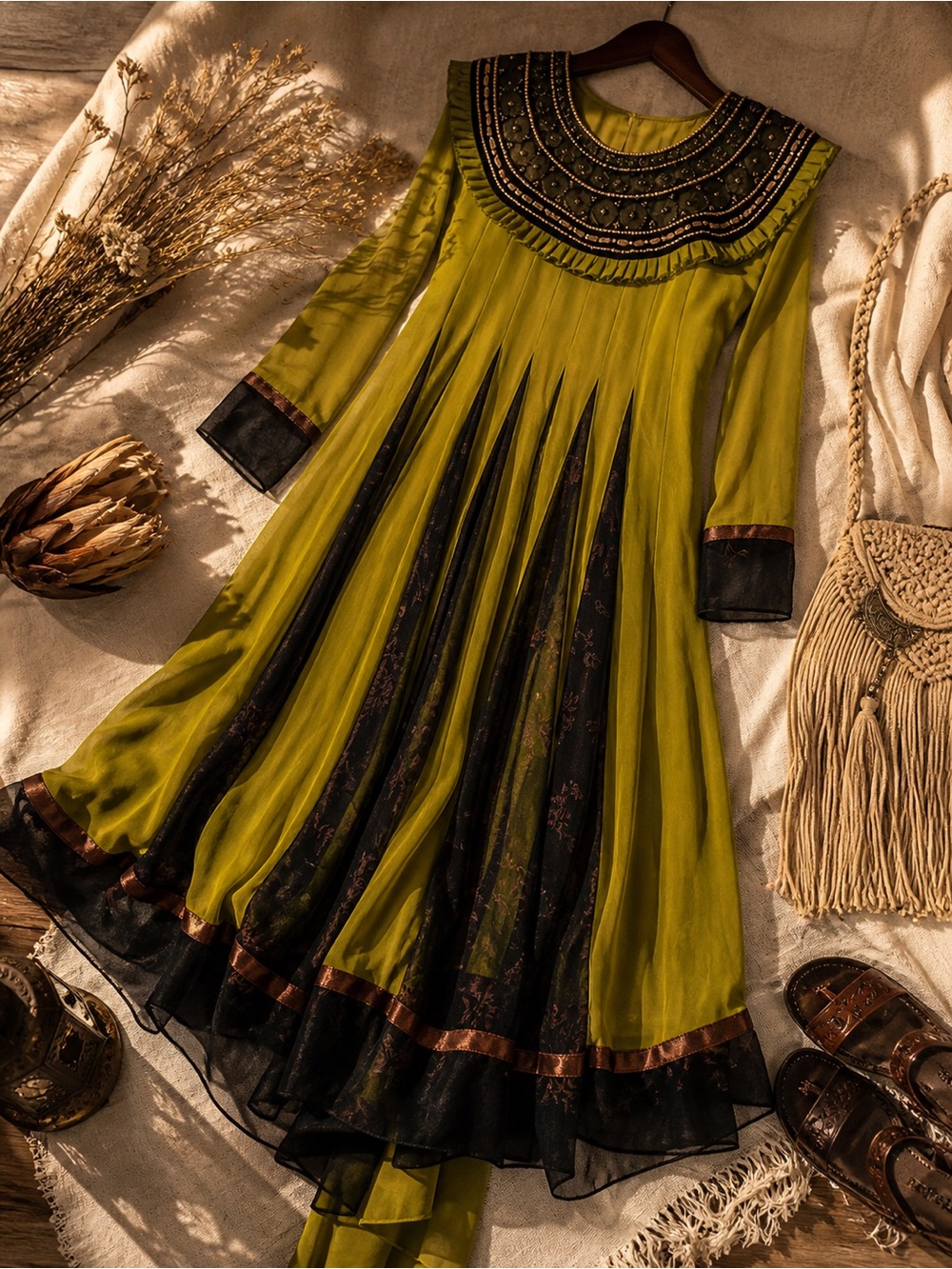 Boho Luxe Embellished Anarkali Dress Chartreuse Black Sheer Whimsigoth Festival